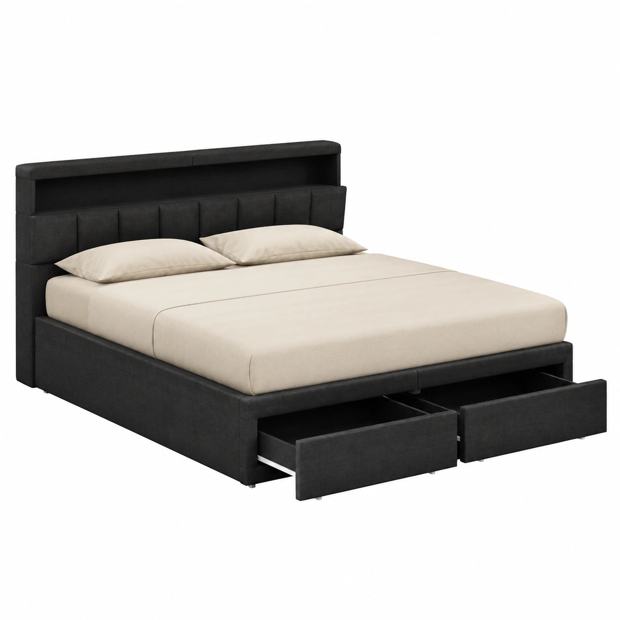 Letto Matrimoniale 180x200cm con Cassetti e LED, Contenitore Idraulico e USB, Senza Materasso, Lino Grigio