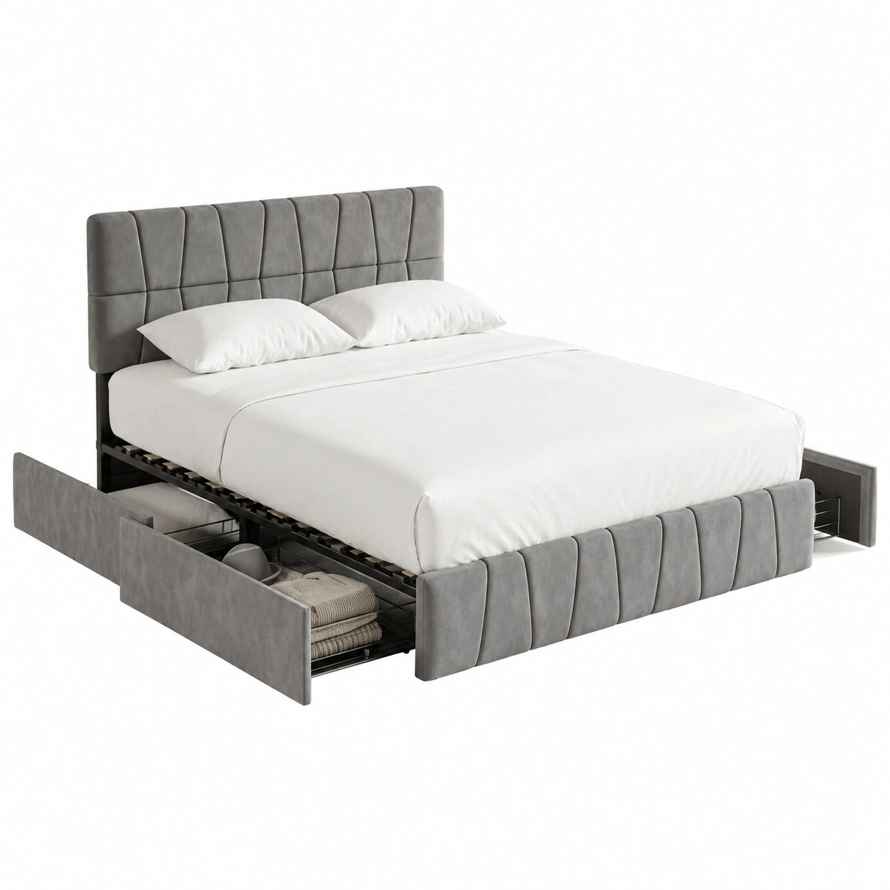 Letto Matrimoniale Imbottito 160x200 con Cassetti e LED USB, Velluto Grigio