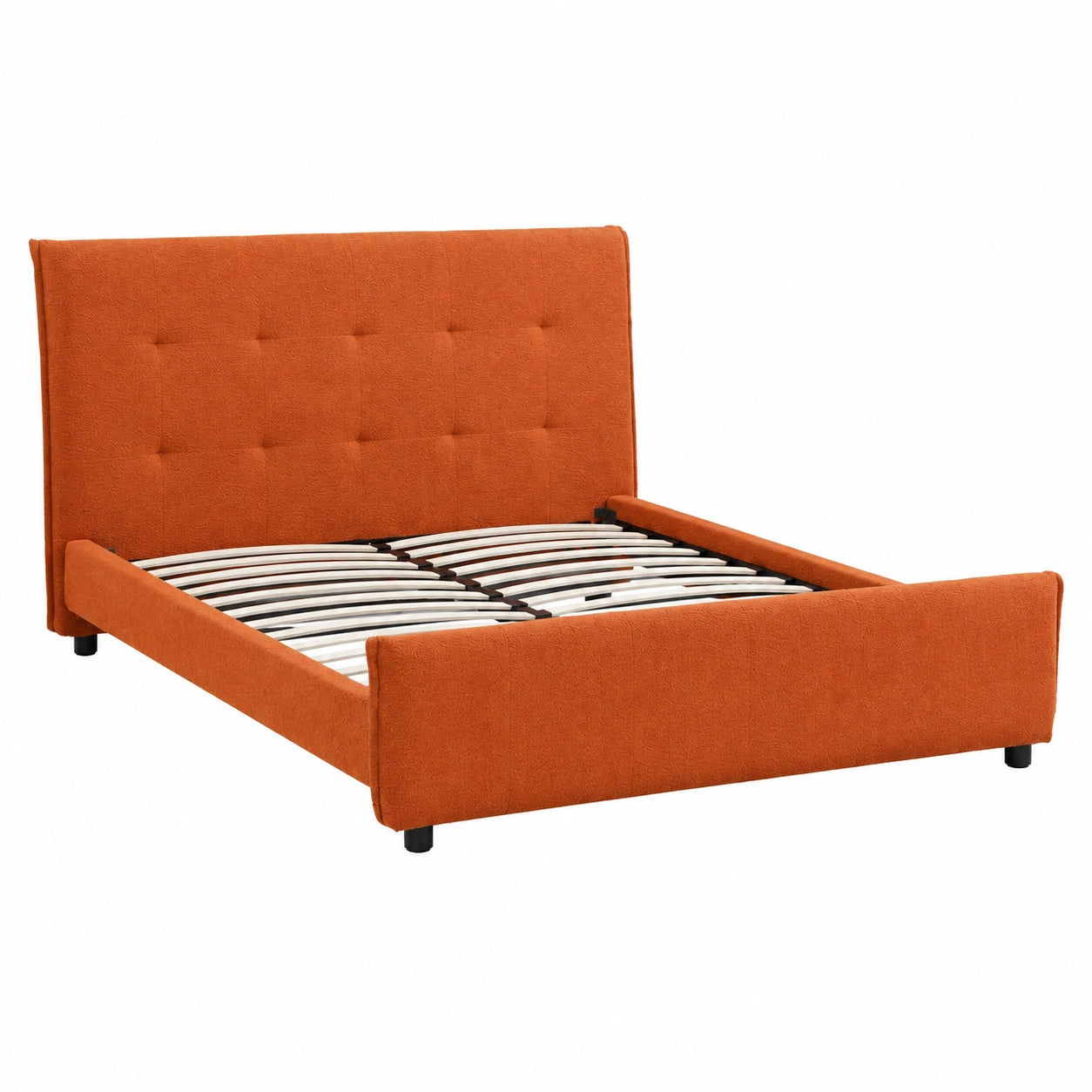 Letto Matrimoniale Moderno con Rete in Legno e Testiera Imbottita Arancione, Facile da Montare