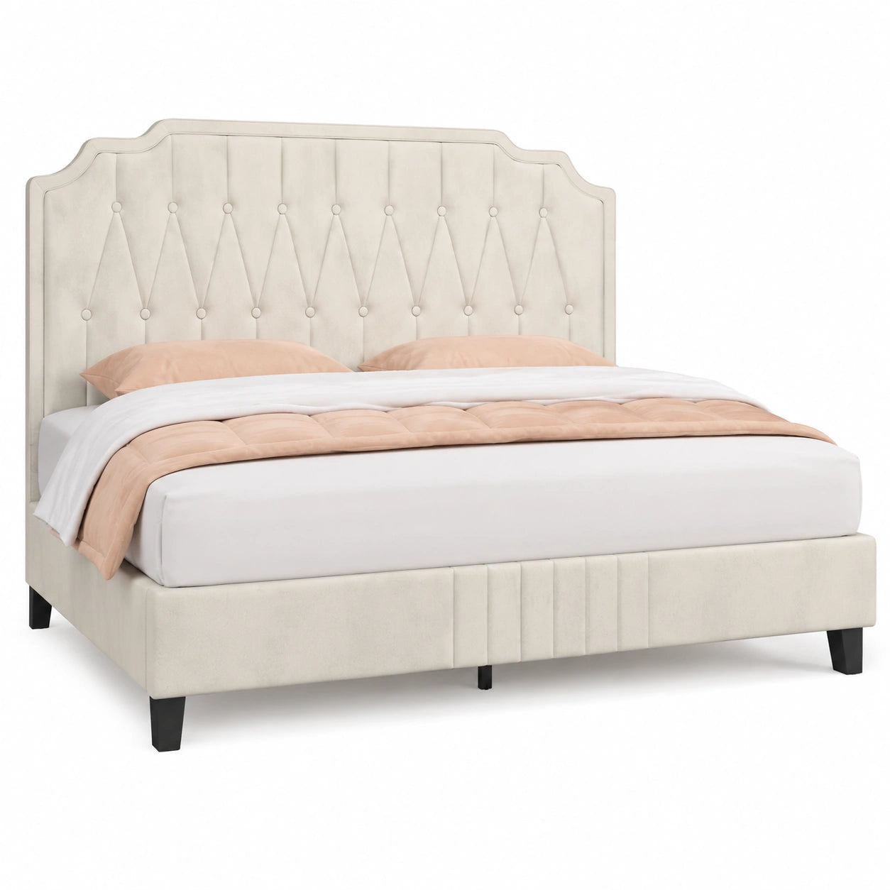 Letto Matrimoniale Imbottito Beige con Testiera Rivettata 160x200 cm
