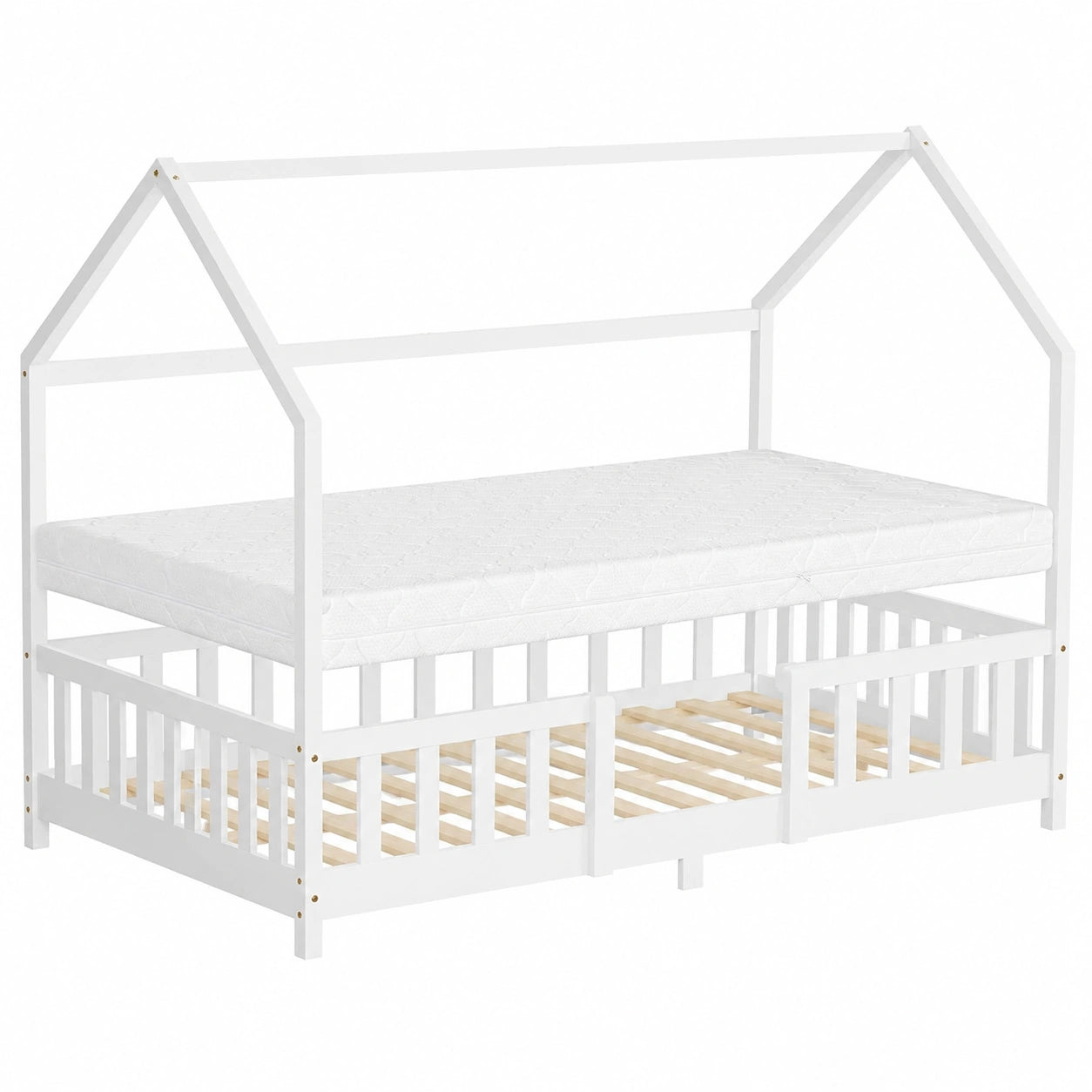 Letto Casetta per Bambini 120x200 cm Bianca con Materasso e Sicurezza