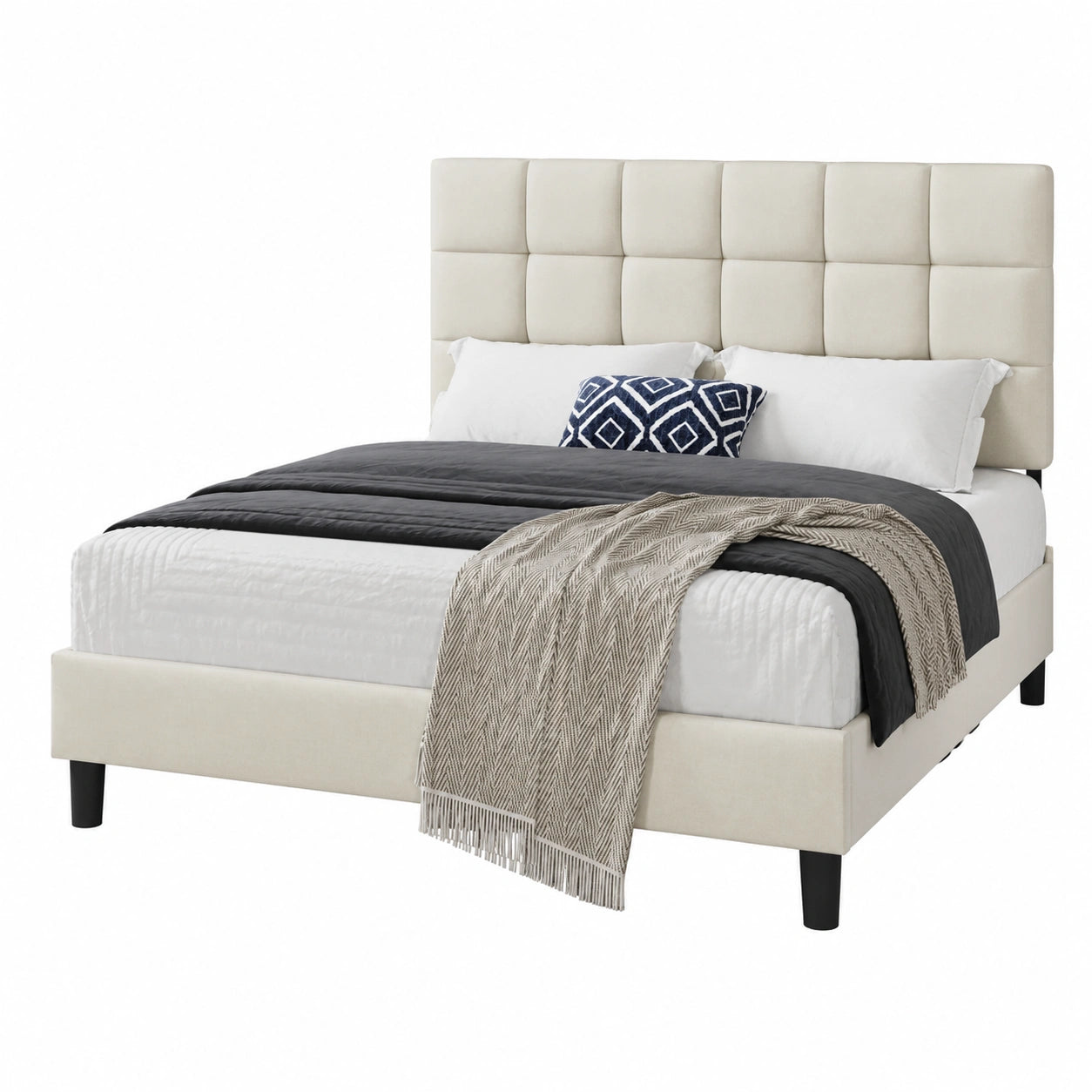 Letto Matrimoniale Imbottito Beige 160x200cm con Testiera Quadrata e Doghe in Legno, Altezza Regolabile