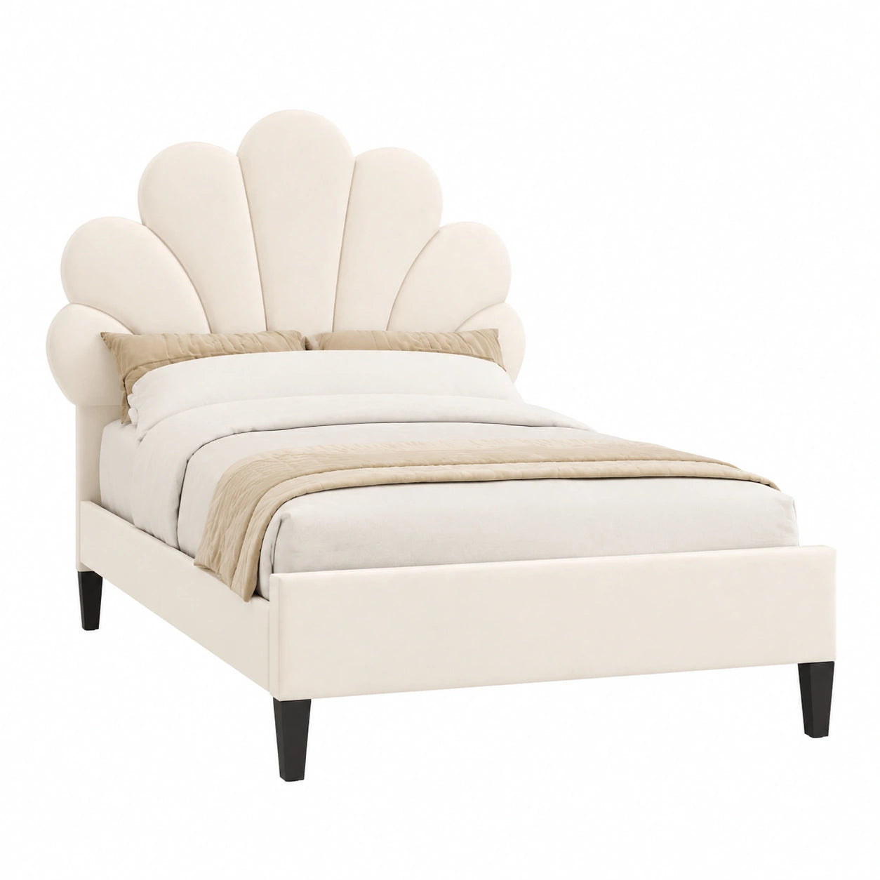 Letto imbottito per bambini in velluto, 90x200 cm, con testiera floreale e rete a doghe, ideale per ospiti, colore beige