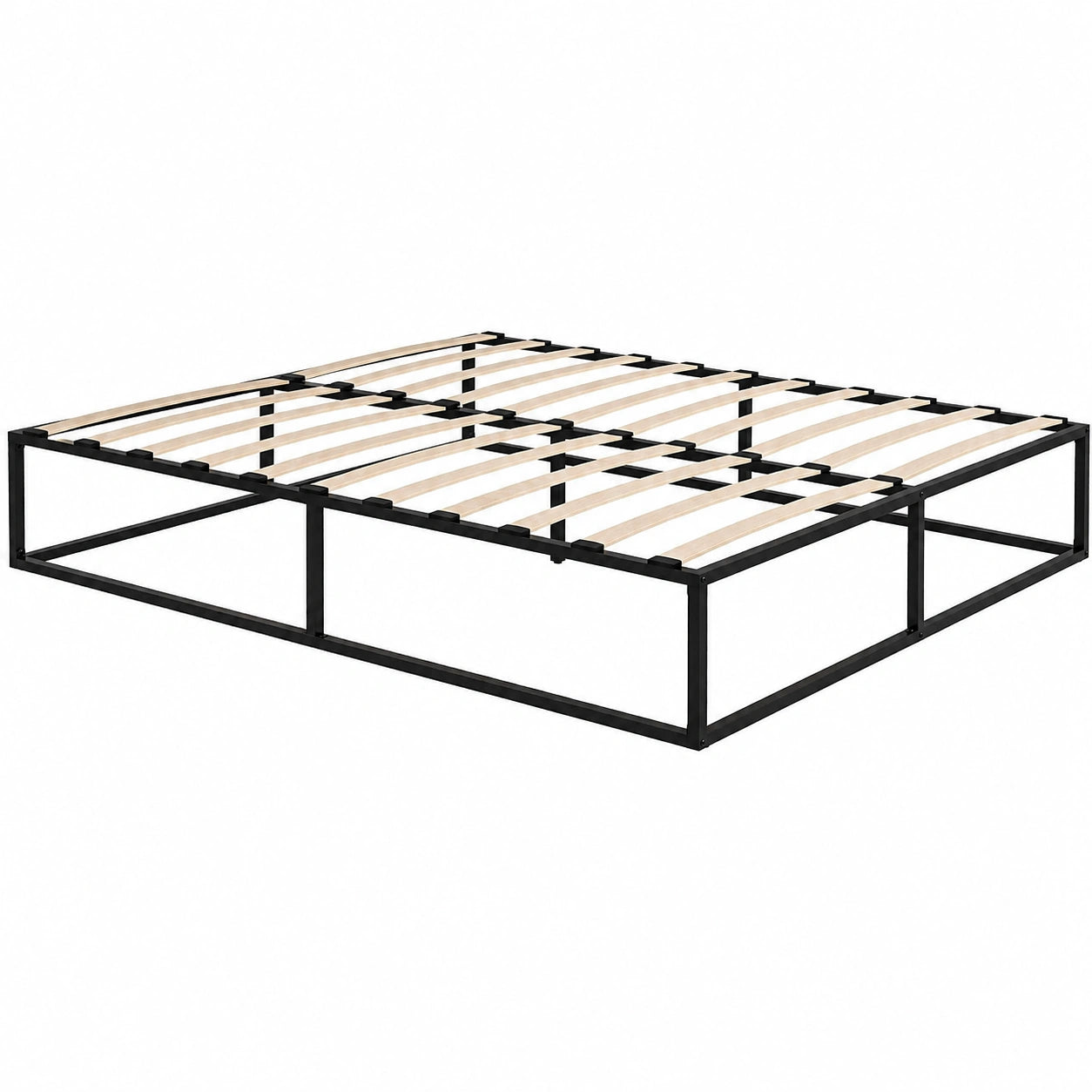 Letto a Doghe Matrimoniale con Contenitore, Struttura in Legno e Metallo, 190x160x35cm, Nero e Legno