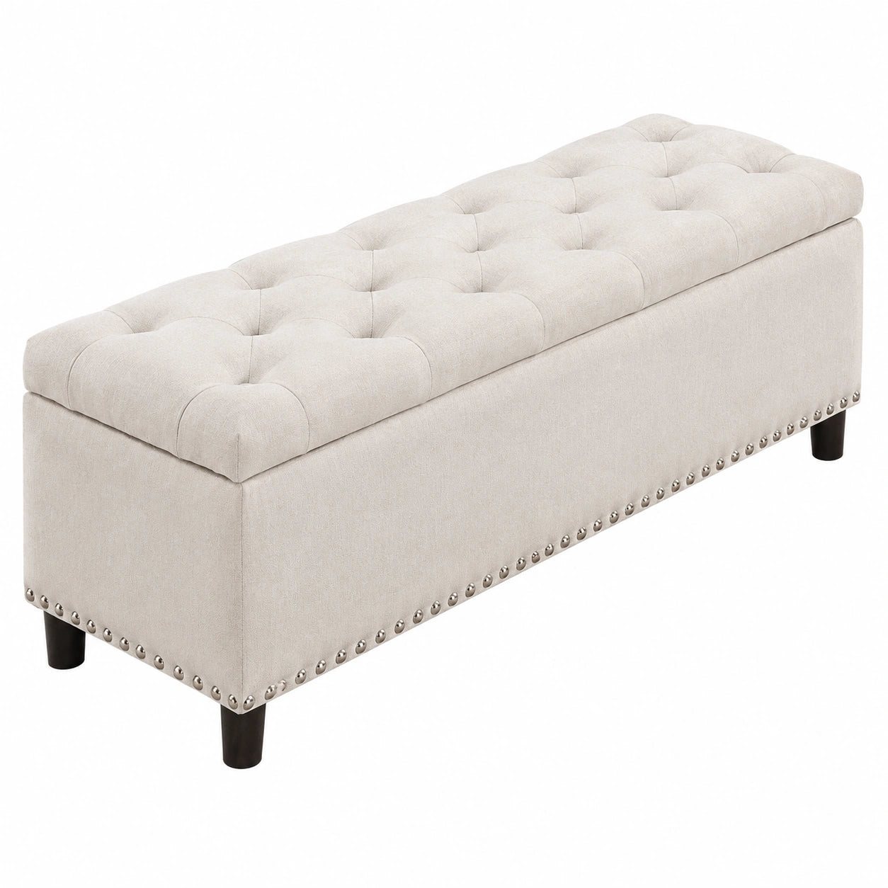 Pouf Contenitore Imbottito in Legno Beige per Camera da Letto 121x42x43 cm