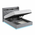 Letto Singolo 90x200 cm con LED e USB, Contenitore Idraulico e Ripostiglio, Struttura con Rete a Doghe in Legno