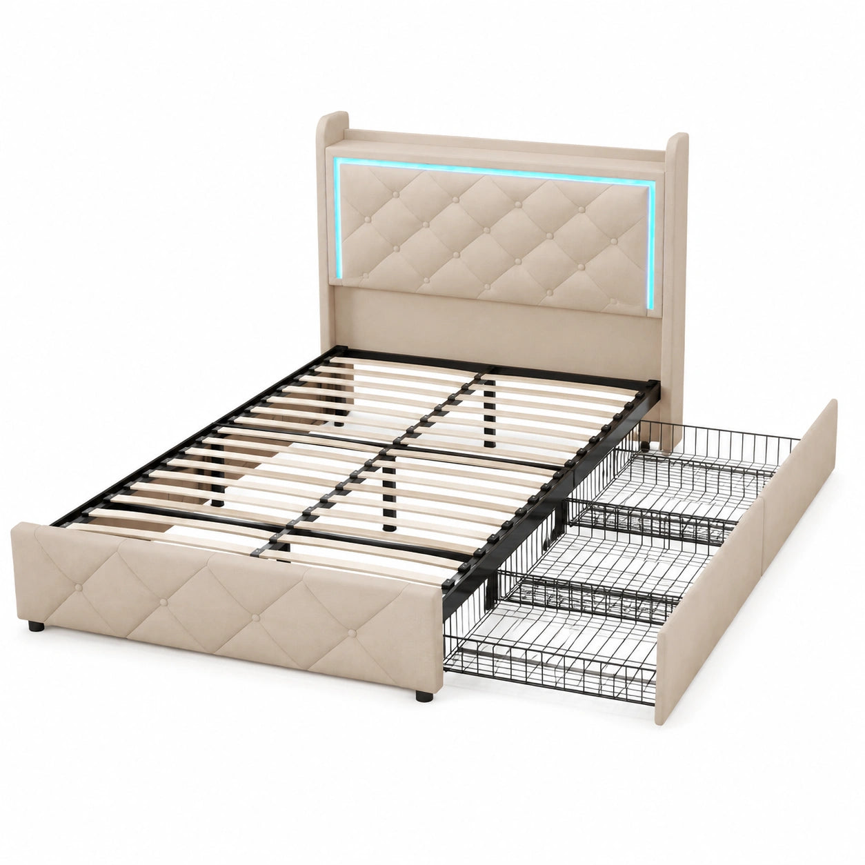 Letto Singolo Imbottito 90x200 cm con LED, Ricarica USB e Cassetti
