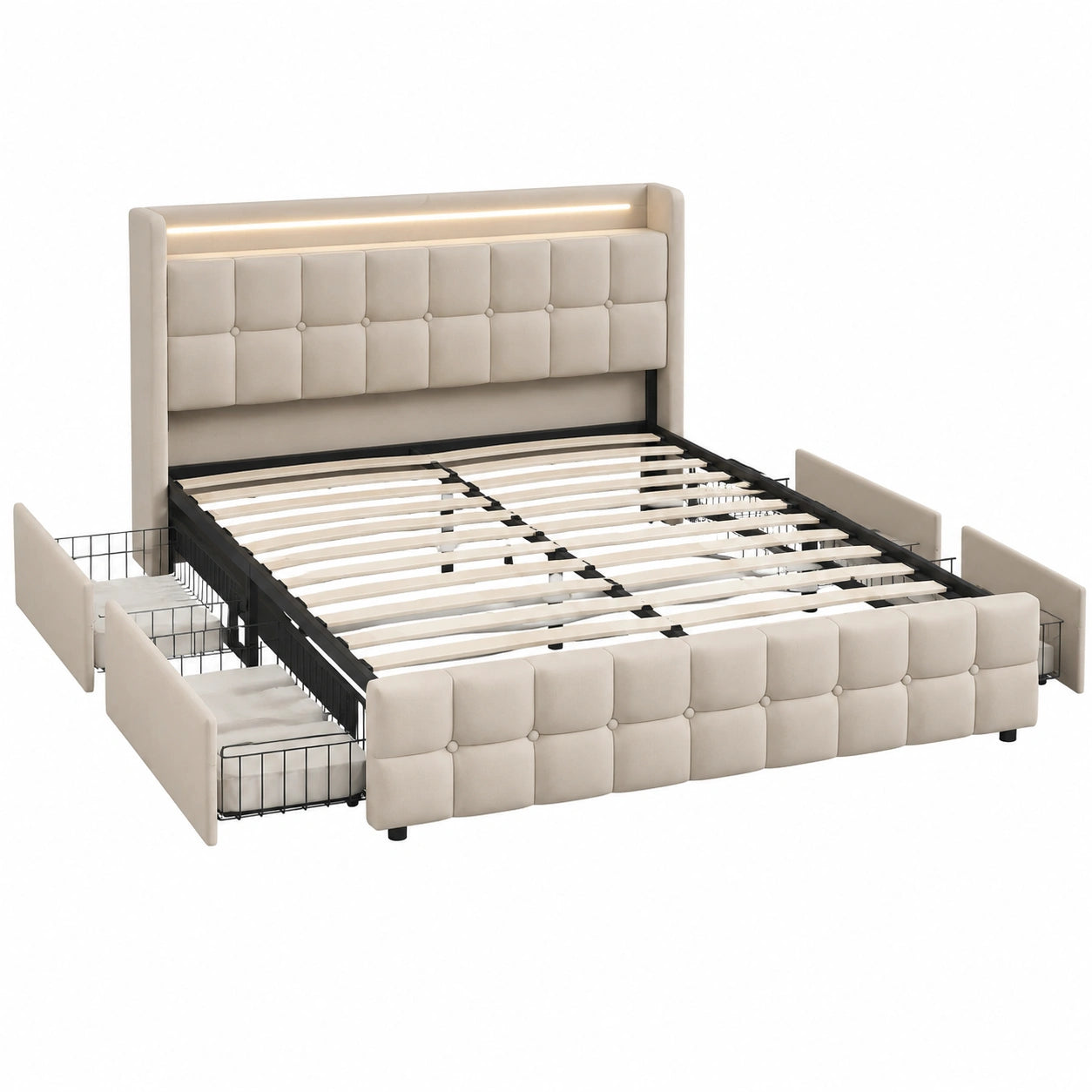 Letto Matrimoniale 180x200 con Cassetti, LED e USB - Imbottito in Lino