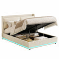 Letto Matrimoniale 160x200cm in Velluto Beige con Contenitore e LED