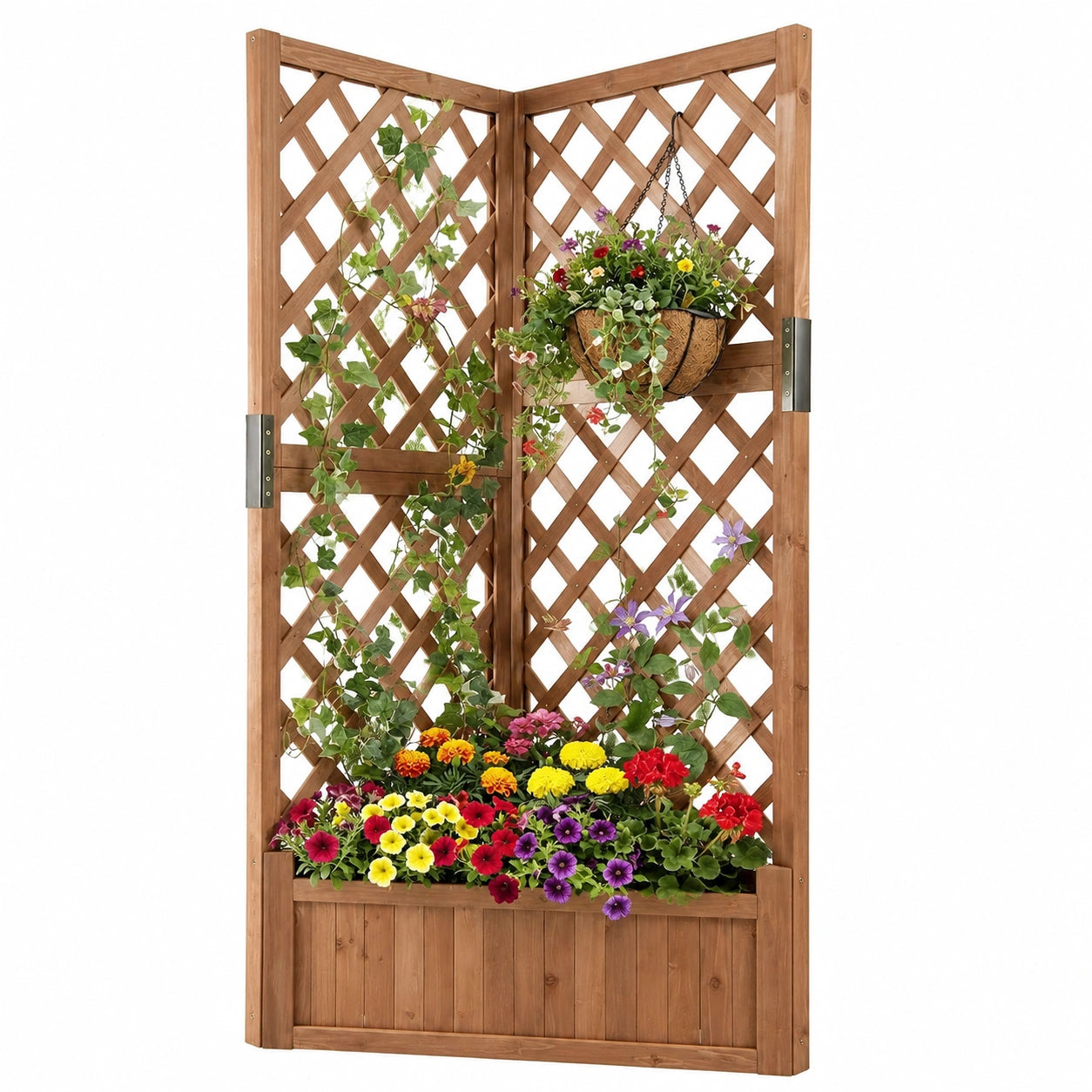 Fioriera Angolare in Legno con Traliccio e Drenaggio, Ideale per Piante Rampicanti e Verdure